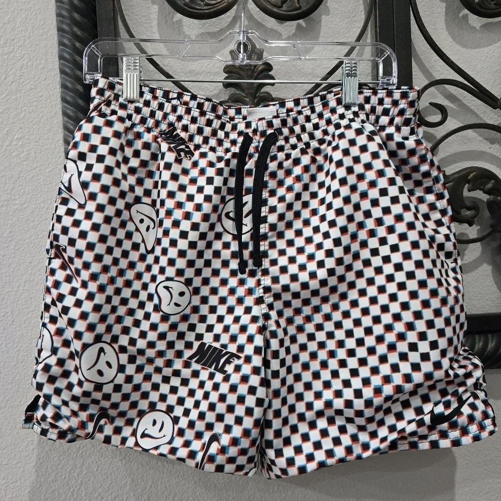 Nike Men's Graphic Checkered Swim Shorts - Black, White, and Blue